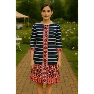 Eliza J Striped Floral Dress Womens Size 2P Petite Stretch 3/4 Sleeve Nautical